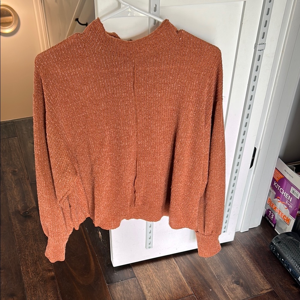 Free People Brown Crew Neck Sweater with Textured Knit